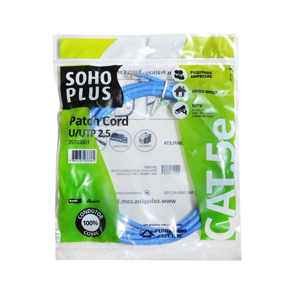 PATCH CORD U/UTP SOHOPLUS CAT5E CMX 2.5M AZ | 35103001 | FURUKAWA